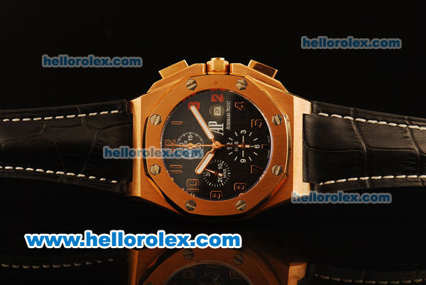Audemars Piguet Shaquille O Neal Swiss Valjoux 7750 Automatic Rose Gold Case with Black Dial and Black Leather Strap - Click Image to Close